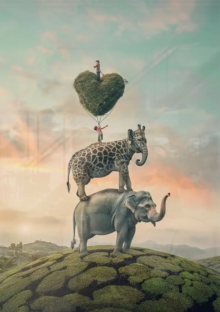 Surrealistisch Olifant Giraf Hartboom Dromerige Stapel Schilderij
