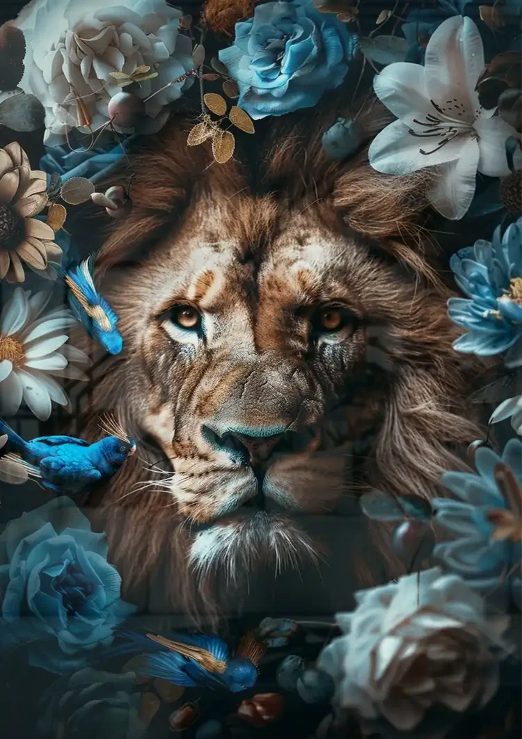 Leeuw Blauwe Bloemen Vlinders Kleurrijk Savanne Portret Schilderij