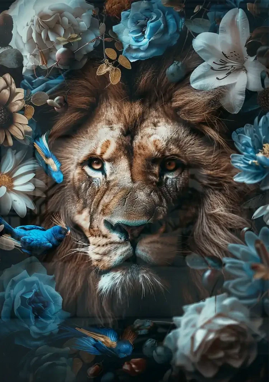 Leeuw canvas schilderij aan de muur boven het bed in de slaapkamer