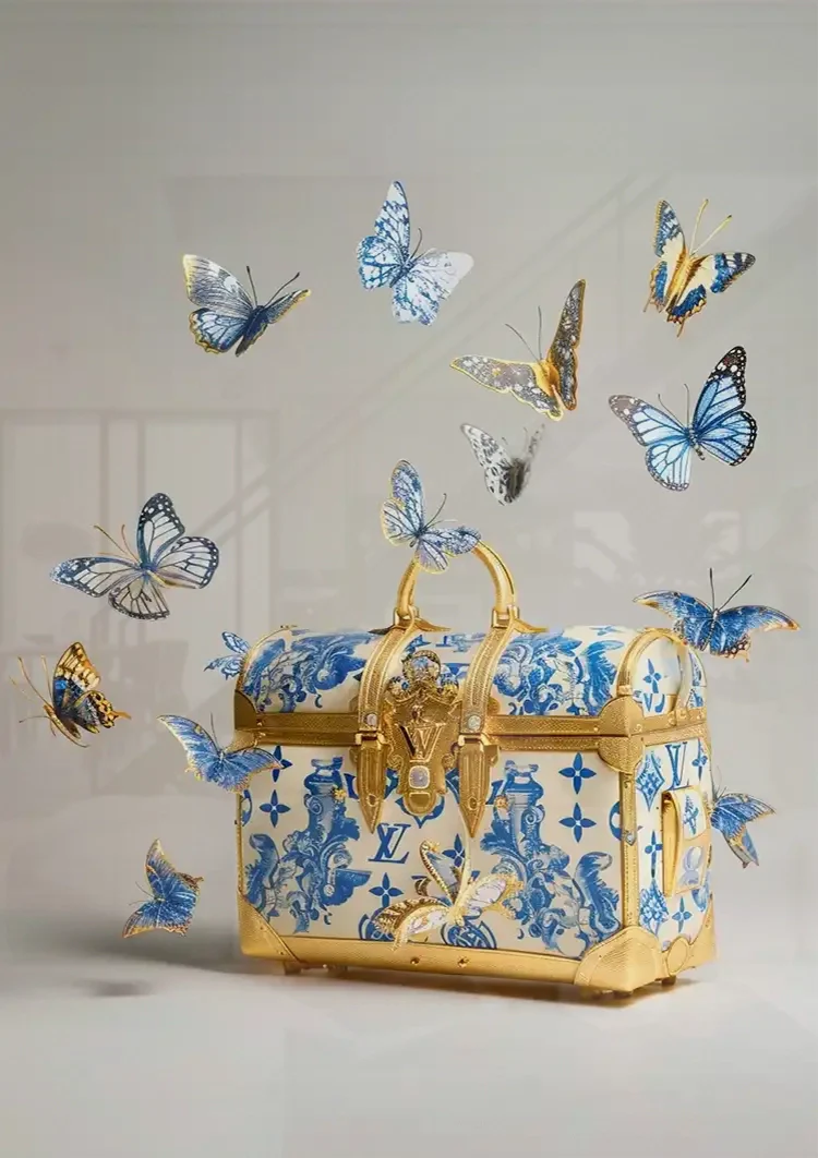 Louis Vuitton Gold Suitcase Blue Flowers Butterflies Luxury Painting
