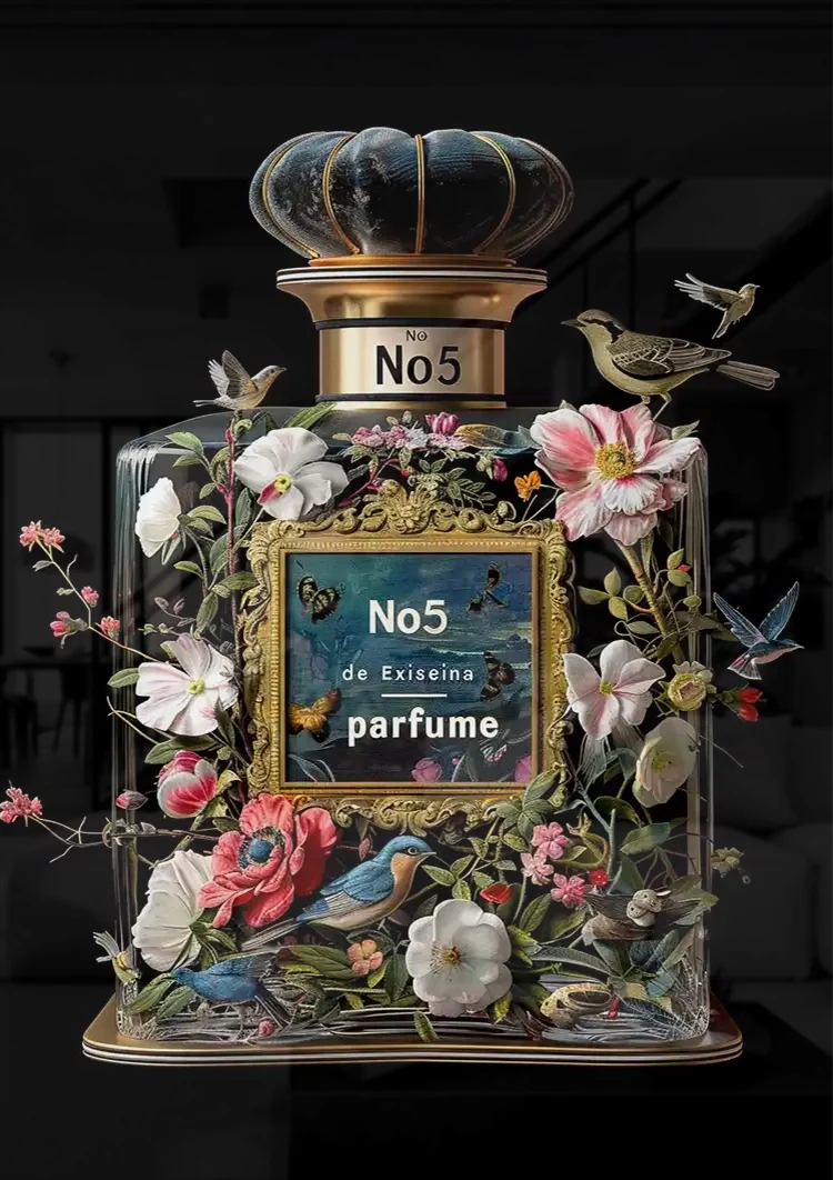 Parfumfles Bloemen Vogels Zwarte Achtergrond Schilderij