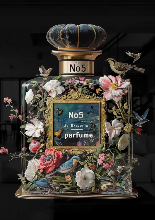 Parfumfles met bloemen en vogels canvas schilderij boven het bed in de slaapkamer