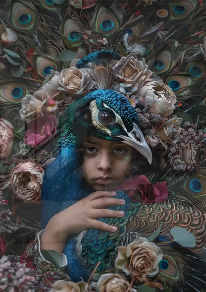 Peacock King Child Blue Feathers Flowers Colorful Fantasy Portrait Painting