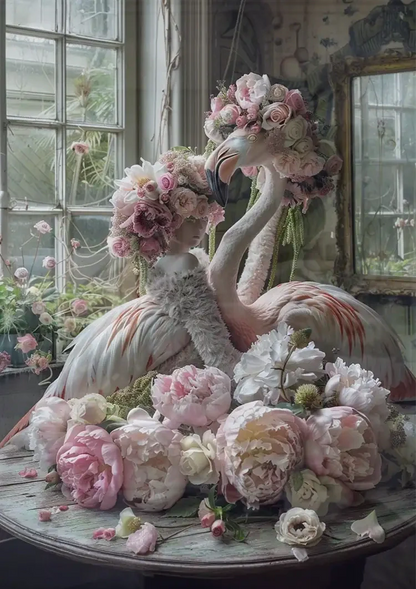 Flamingo und Rosa Blüten Vintage Zimmer Romantisches Verträumtes Gemälde