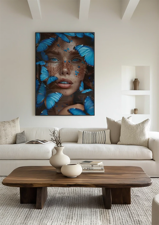 Portret canvas schilderij van een vrouw omringd door levendige blauwe vlinders