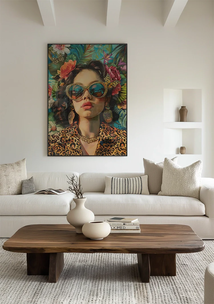 Stilvolle Frau Schmetterlingsbrille Leopardenmuster Tropische Blumen Glamouröses Gemälde
