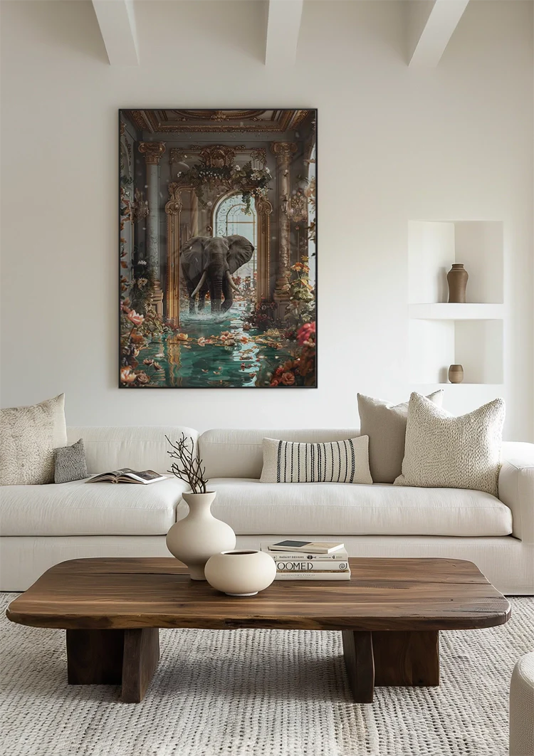 Olifant Fantasie Barokke Zaal Gouden Ornament Bloemen Water Surrealistisch Schilderij