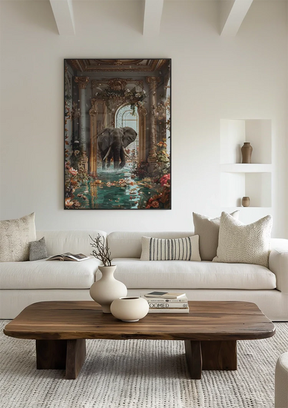 Olifant Fantasie Barokke Zaal Gouden Ornament Bloemen Water Surrealistisch Schilderij