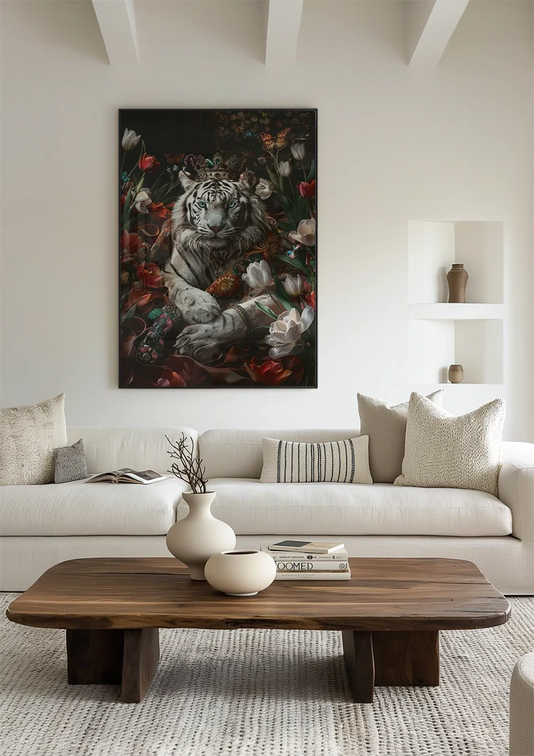 Witte Tijger Juwelenkroon Bloemen Vlinders Majestueus Portret Schilderij