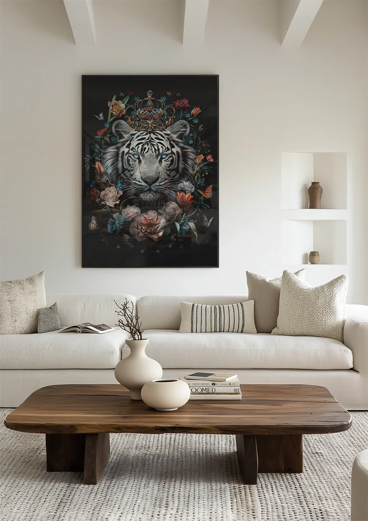 Witte Tijger Blauwe Ogen Bloemenkroon Donkere Achtergrond Majestueus Schilderij