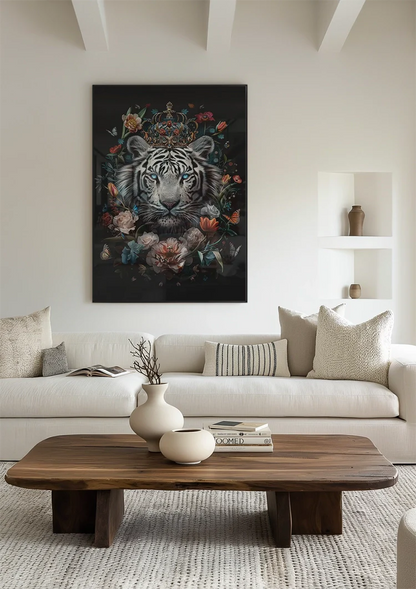 Witte Tijger Blauwe Ogen Bloemenkroon Donkere Achtergrond Majestueus Schilderij
