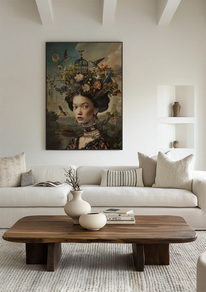 Vrouw Bloemen Vogels Donker Barok Portret Schilderij