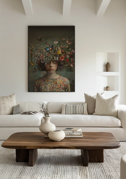 Girl with Flower Crown and Butterflies Dreamy Nature Portrait Painting
