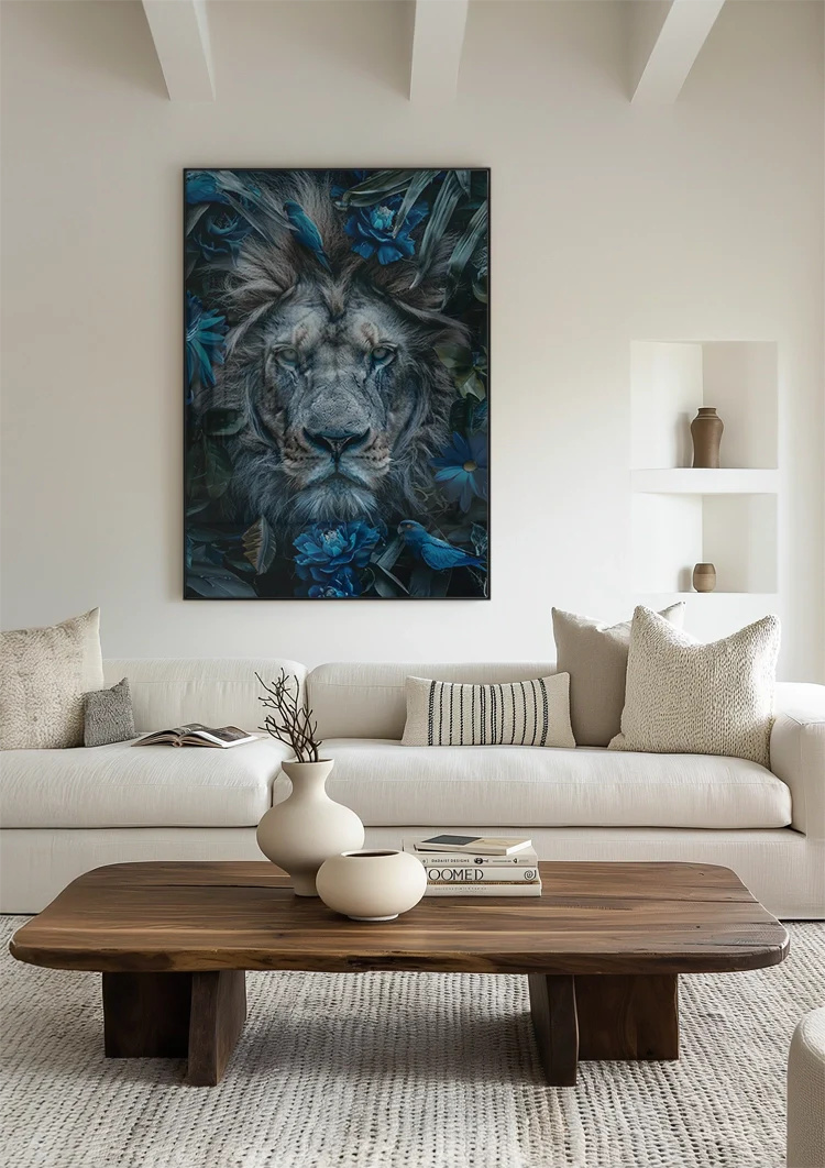Majestueuze Leeuw Blauwe Bloemen Natuur Portret Schilderij