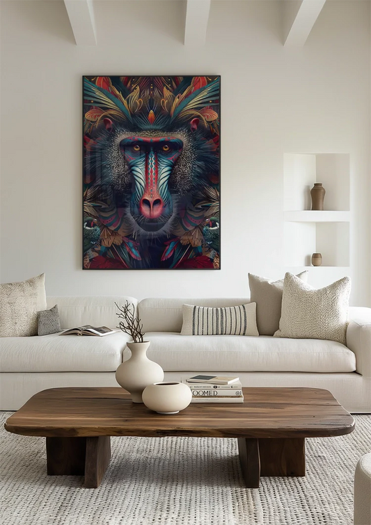Kleurrijke mandril canvas schilderij aan de muur boven het bed in de slaapkamer