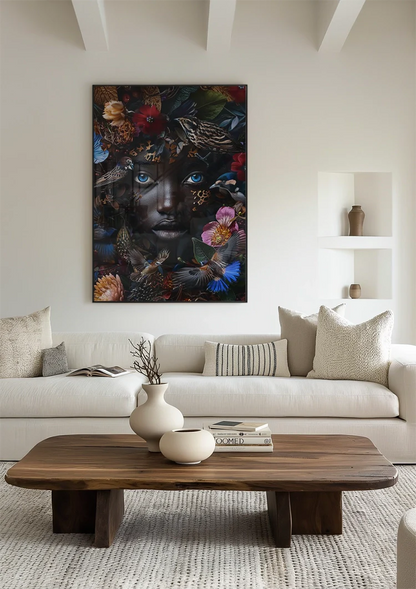 Blauwe Ogen Donker Portret Kleurrijke Bloemen Vogels Natuur Schilderij