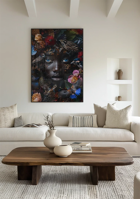 Blauwe ogen en bloemen portret canvas schilderij aan de muur in de hal