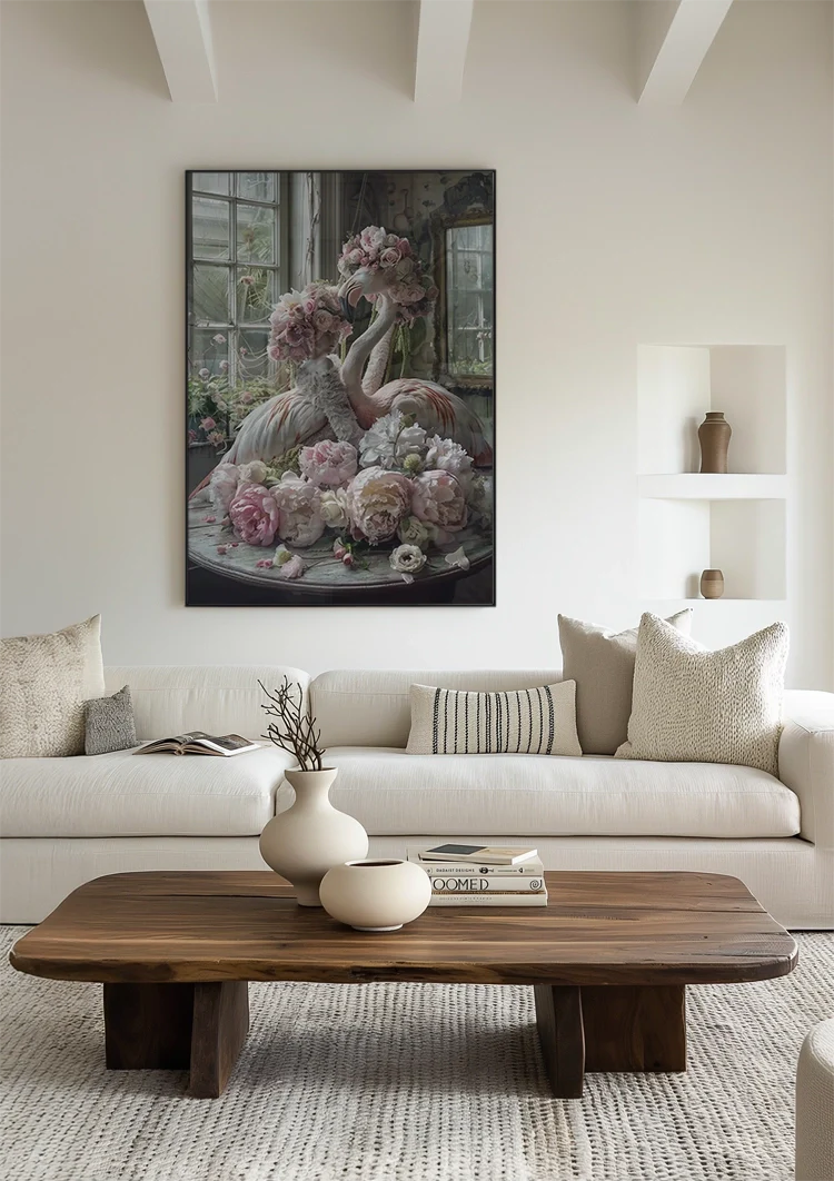 Flamingo und Rosa Blüten Vintage Zimmer Romantisches Verträumtes Gemälde