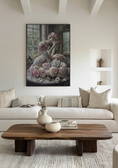 Flamingo und Rosa Blüten Vintage Zimmer Romantisches Verträumtes Gemälde