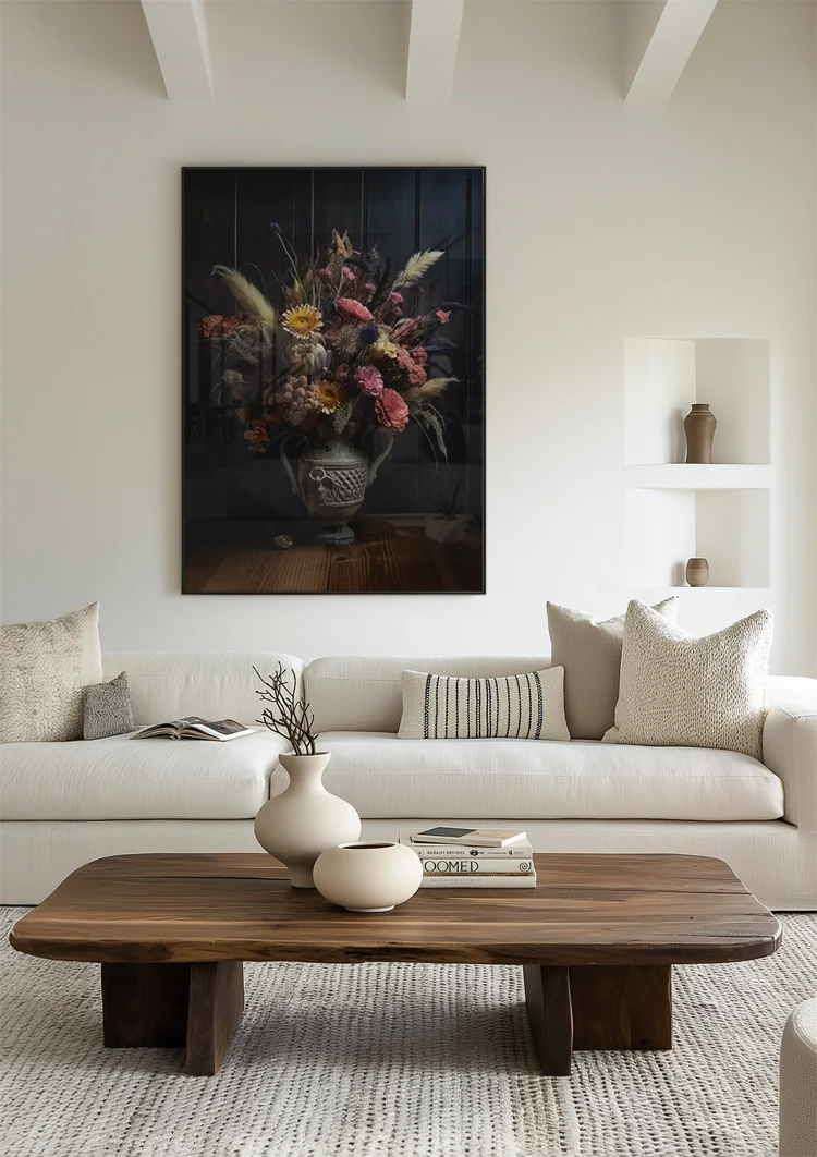 Varied Flowers Vase Orange Pink Dark Background Classic Painting