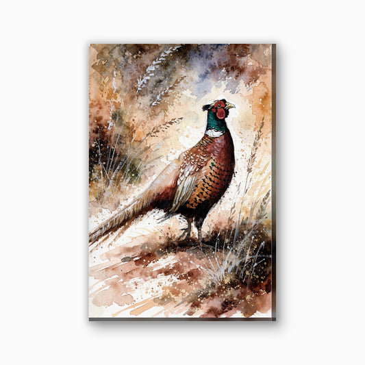 Fazant in aquarel canvas schilderij in koperbruin en smaragdgroen