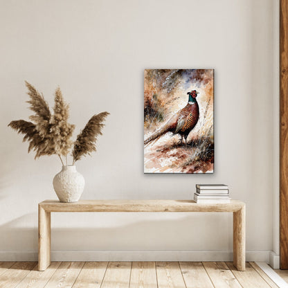 Fazant in aquarel canvas schilderij aan de muur in de hal boven een houten bank