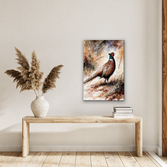 Fazant in aquarel canvas schilderij aan de muur in de hal boven een houten bank