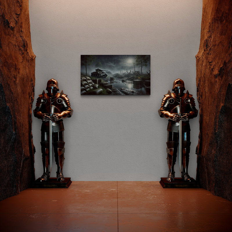 Tank uit de Tweede Wereldoorlog in een regenachtig slagveldlandschap – Canvas wandkunst