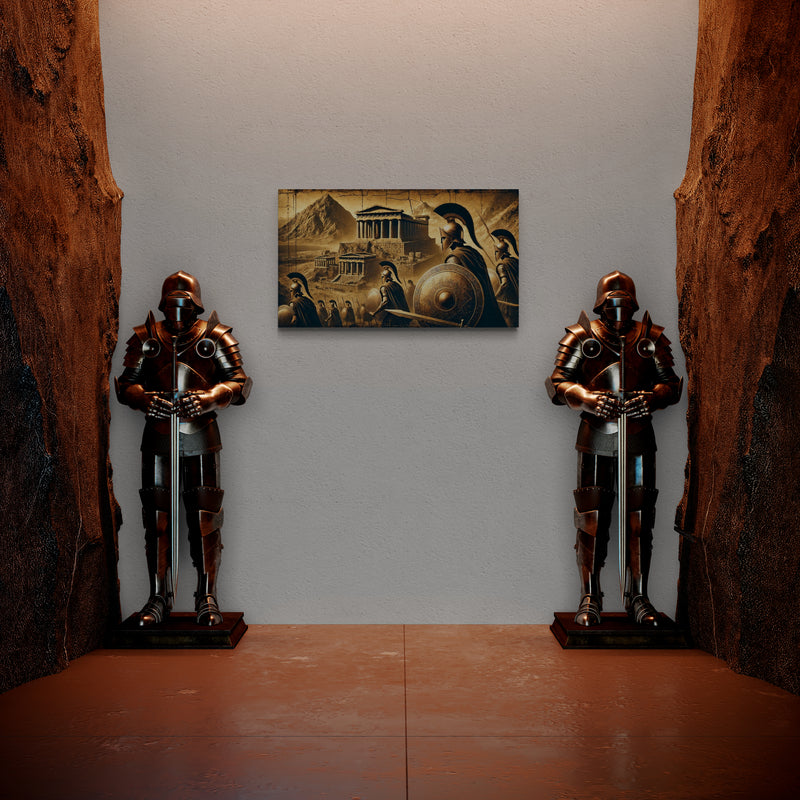 Oude Griekse krijgers met historische tempels op de achtergrond - Canvas wandkunst