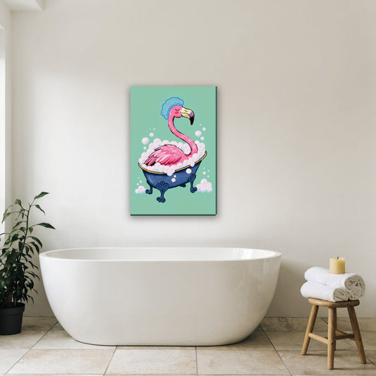 Flamingo in bubbelbad canvas schilderij aan de muur in de badkamer boven het bad