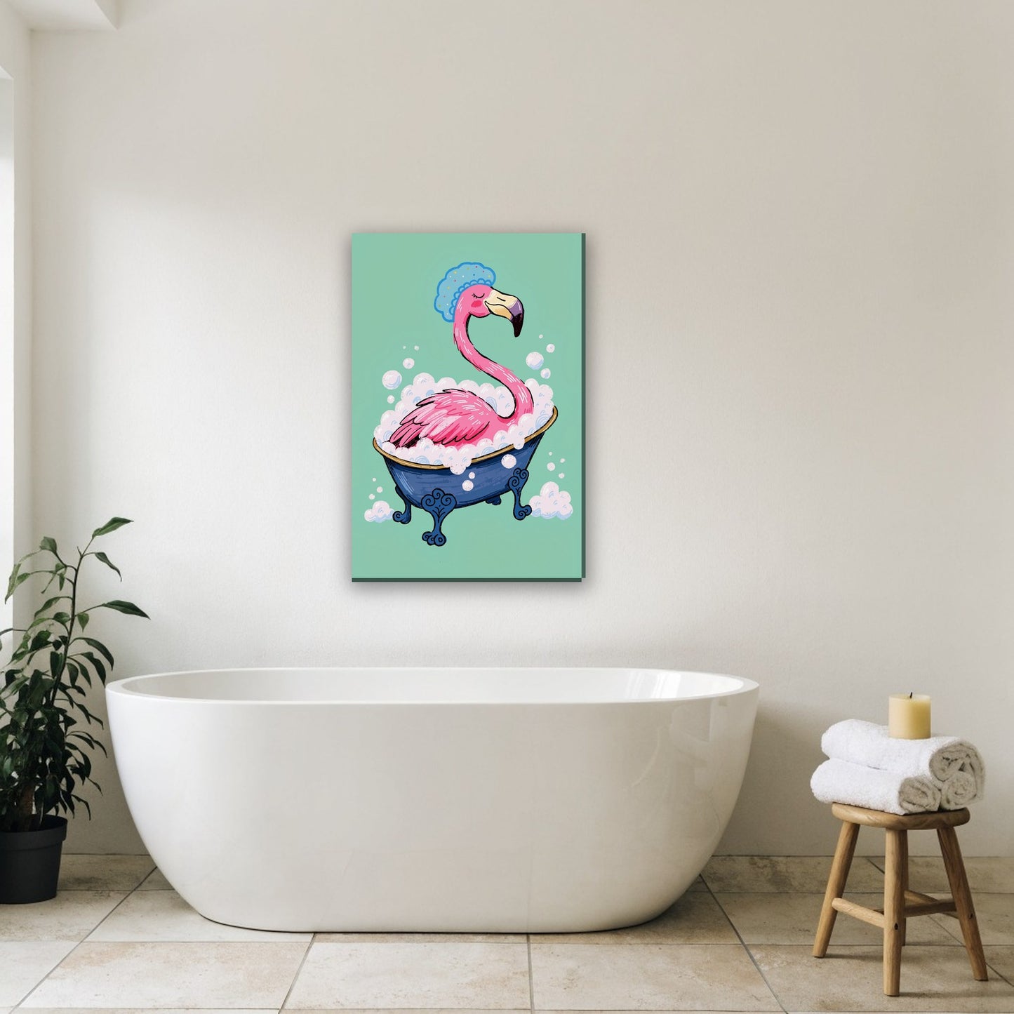 Flamingo in bubbelbad canvas schilderij aan de muur in de badkamer boven het bad