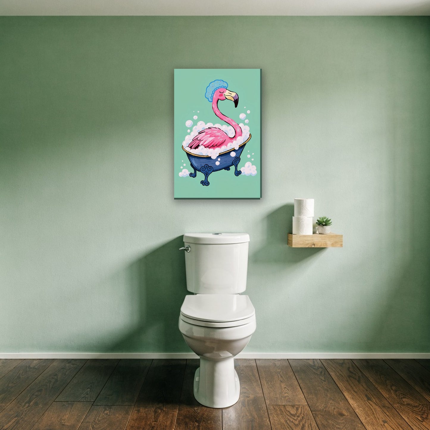 Flamingo in bubbelbad canvas schilderij aan de muur boven het toilet