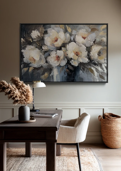 Weiße Blumen Gold Grau Romantisch Botanisches Gemälde
