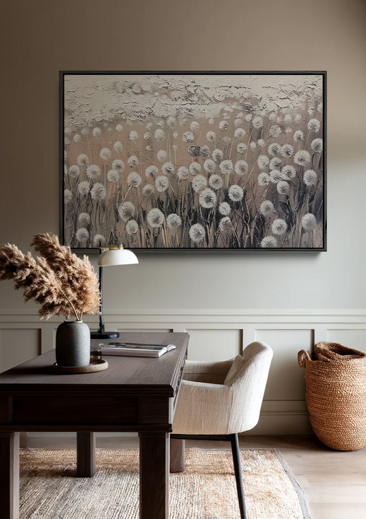 Paardenbloemen canvas schilderij aan de muur in de slaapkamer
