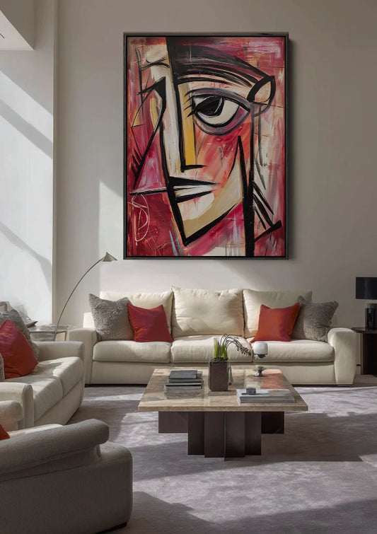 Portret canvas schilderij aan de muur boven het bed in een rustige slaapkamer