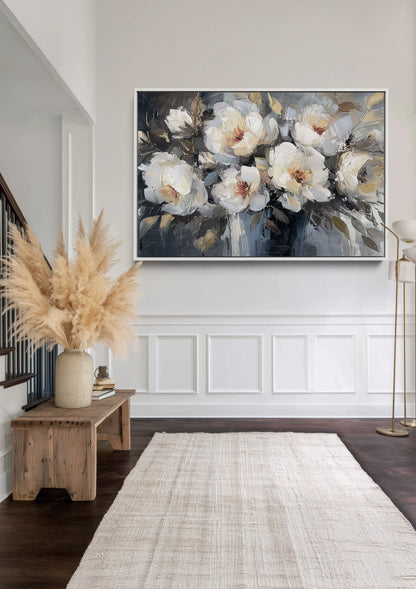 Weiße Blumen Gold Grau Romantisch Botanisches Gemälde