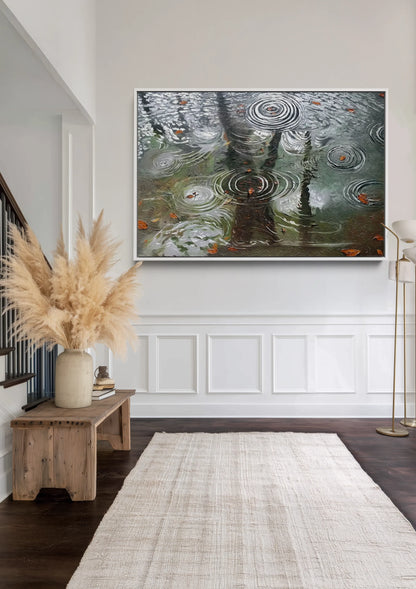 Raindrops on Water Surface Trees Reflection Autumn Grey Painting
