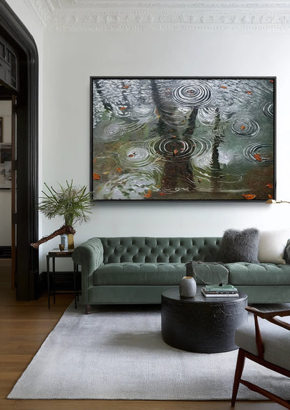 Raindrops on Water Surface Trees Reflection Autumn Grey Painting