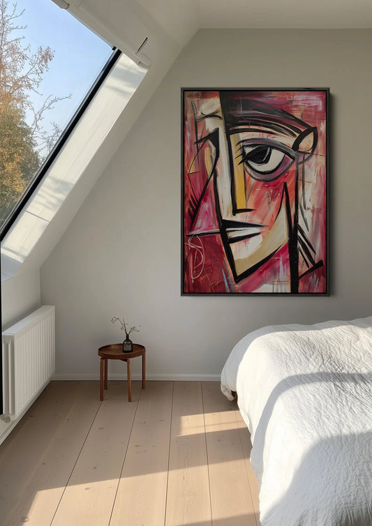 Portret canvas schilderij aan de muur in een lichte hal bij de voordeur