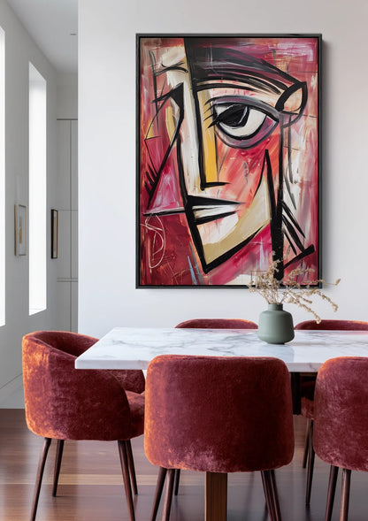 Cubist Face Abstract Lines Red Black Modern Portrait Painting