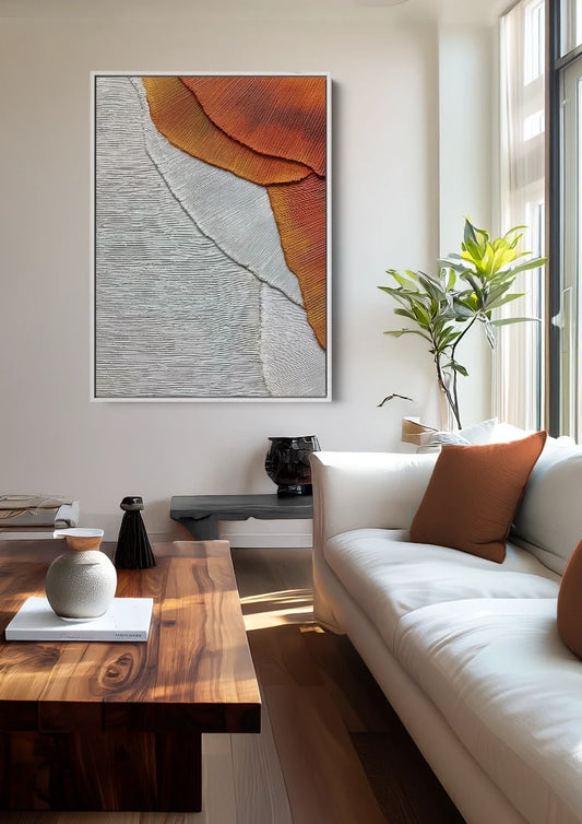Abstract terracotta vorm canvas schilderij boven het bed in de slaapkamer