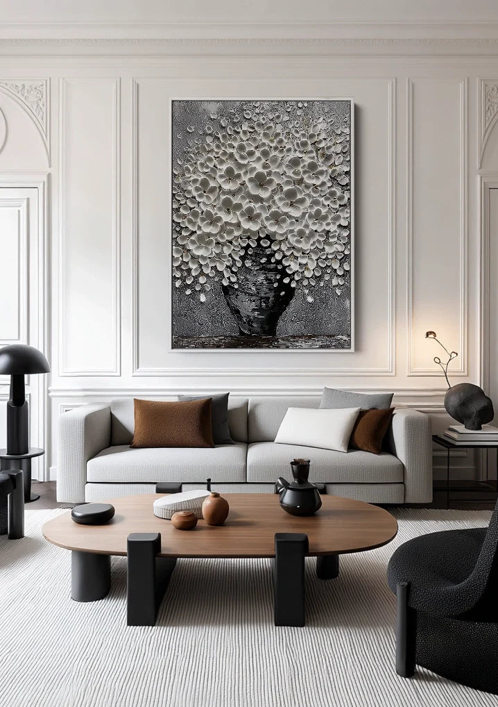 Biały 3D wazon na kwiaty rzeźba przypominająca impasto relief monochromatyczny obraz na płótnie