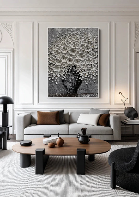 Weiße 3D-Blumen-Vase Skulpturartiges Impasto-Relief Monochromes Gemälde