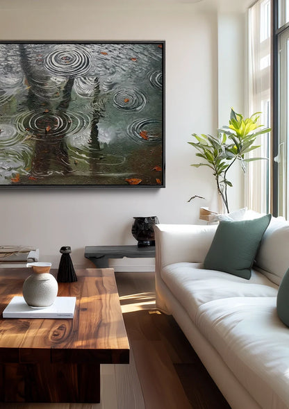 Raindrops on Water Surface Trees Reflection Autumn Grey Painting