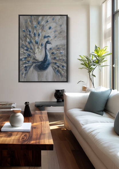 Elegante Blauwe Pauw Gespreide Staart Wit Goud Sierlijk Vogel Schilderij