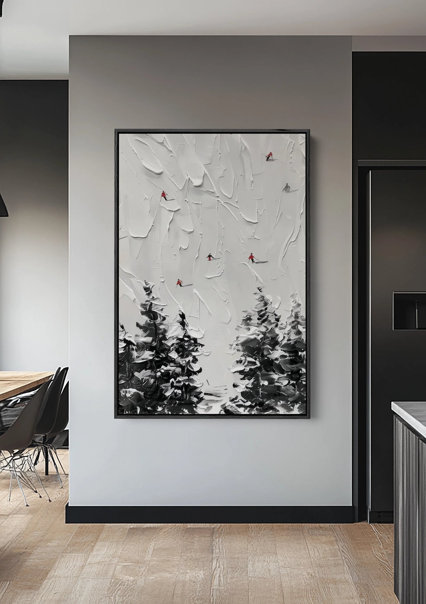 Besneeuwd Dennenbos Vogels Impasto Textuur Winterlandschap Schilderij