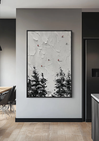 Besneeuwd Dennenbos Vogels Impasto Textuur Winterlandschap Schilderij