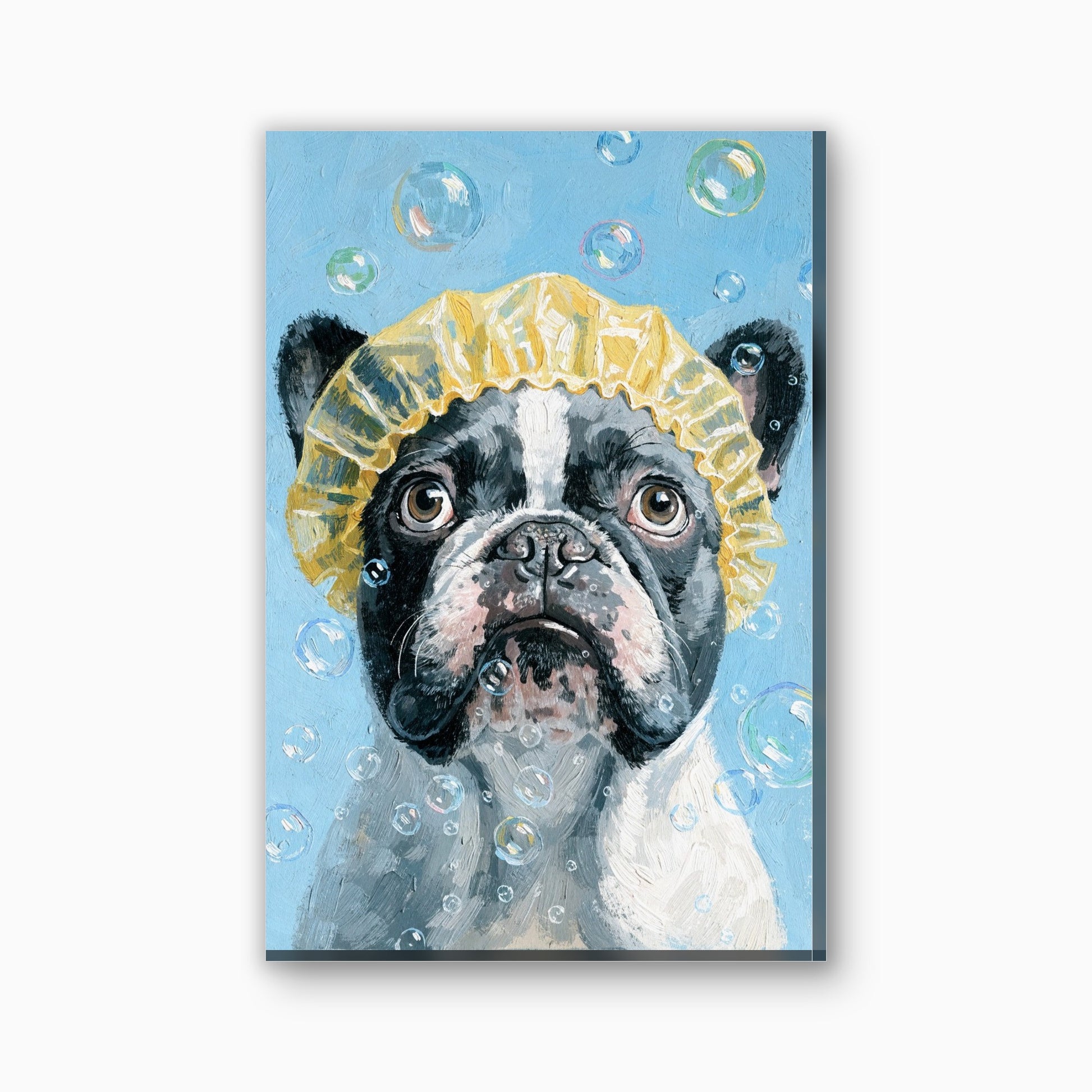 Franse bulldog met badmuts canvas schilderij in geel en zachtblauw