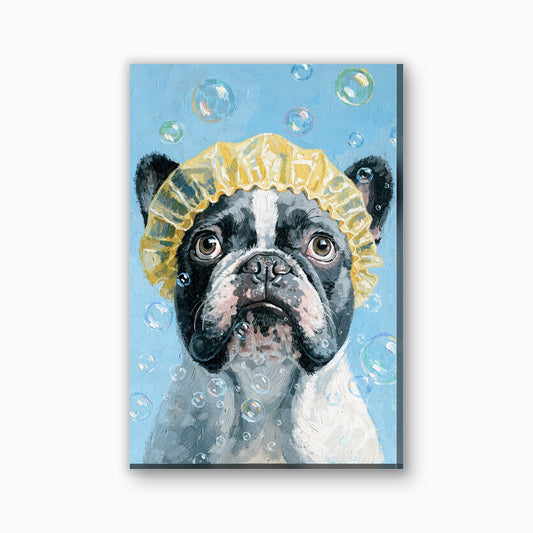 Franse bulldog met badmuts canvas schilderij in geel en zachtblauw