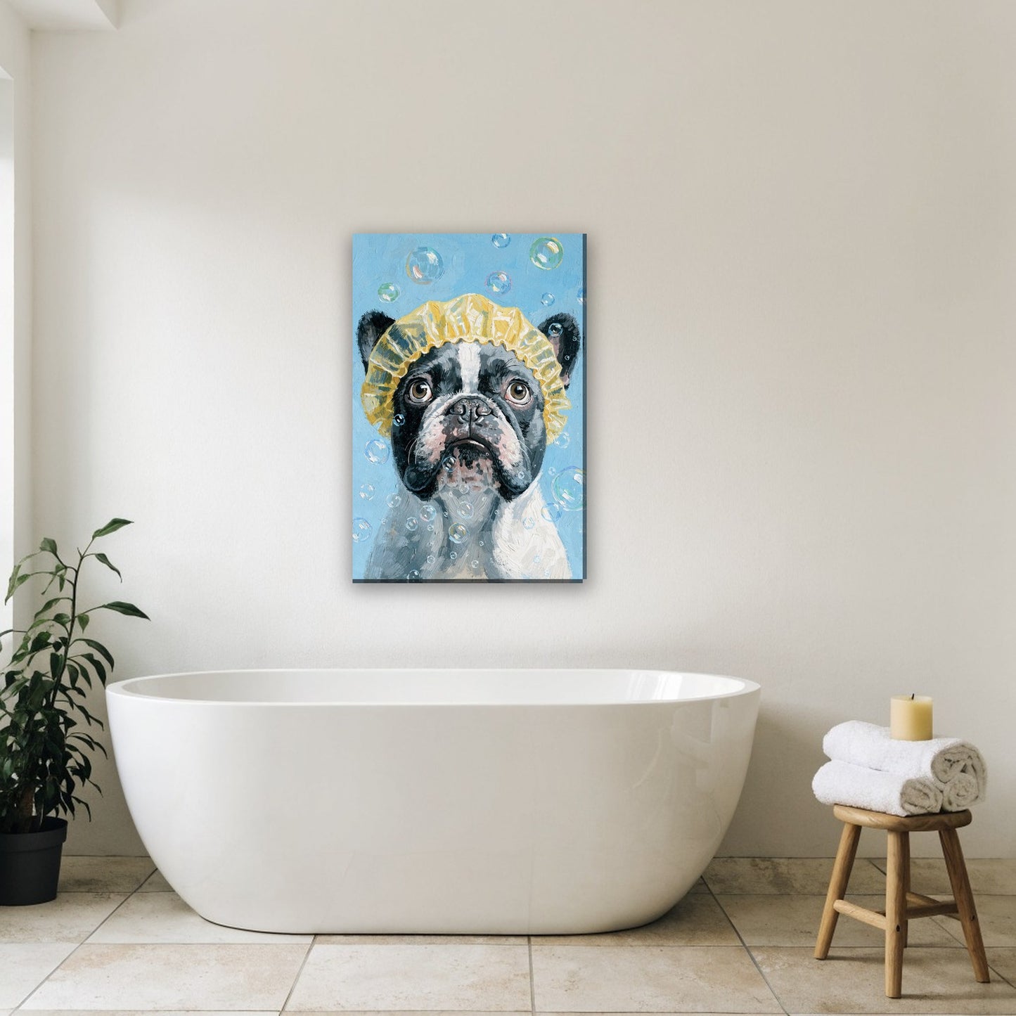 Franse bulldog met badmuts canvas schilderij aan de muur in de badkamer boven het bad